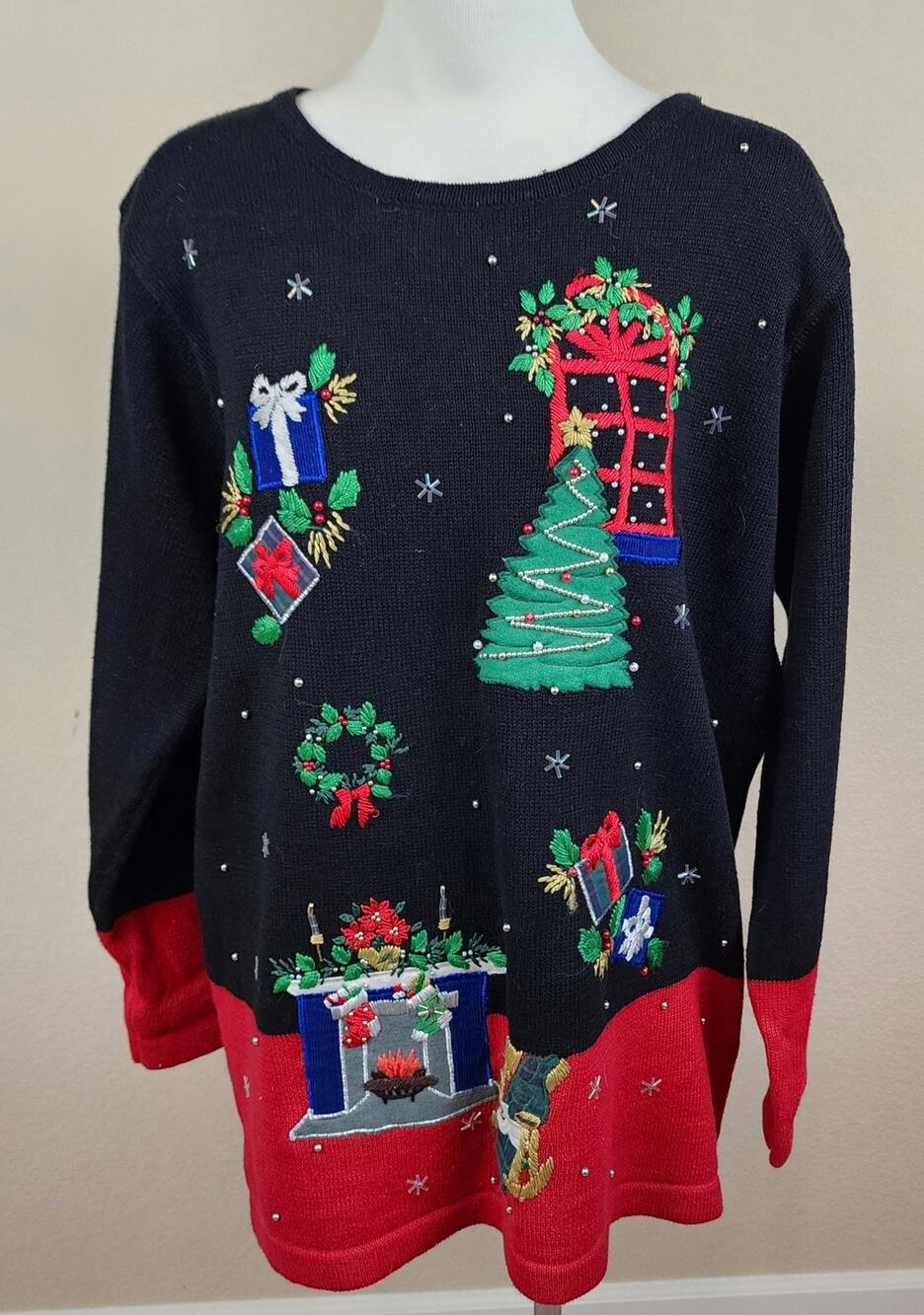 B. P. Design Long Christmas Sweater Black Red Embellished Not Ugly Trees Wreath